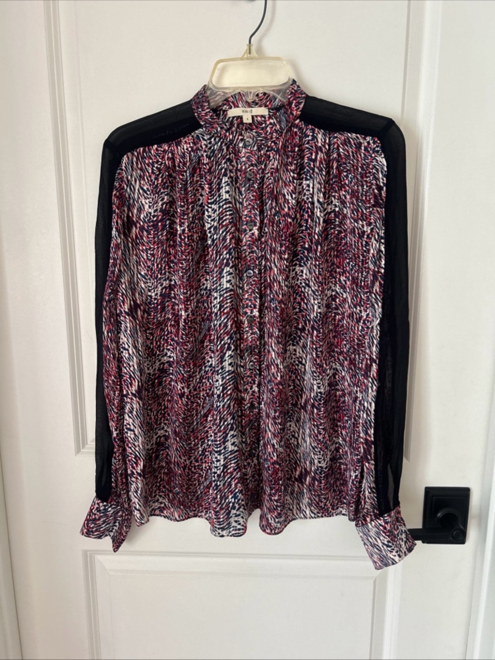 RHIE Button Front Blouse Silk Blend Multi Color L/S Semisheer- Size 4 EUC
